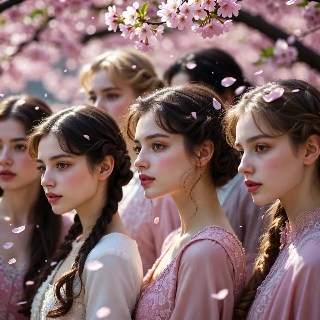 Cherry blossom pink petals falling around ethereal soft girls with delicate features and dreamy expressions in romantic group portrait