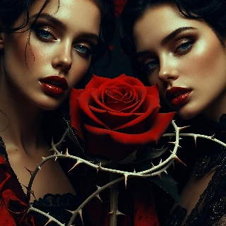 Dark Romantic Twin Girls with Thorny Red Rose