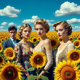 Elegant Blonde Women in Sunflower Field Portrait