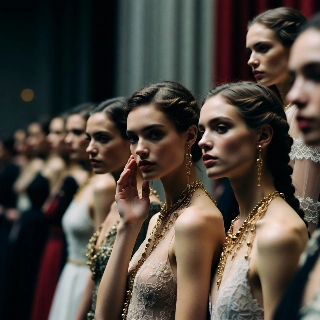 Fashion icon vogue cover style soft girl with poised gaze, gold jewelry, lace gown amid model lineup, exuding chic runway elegance