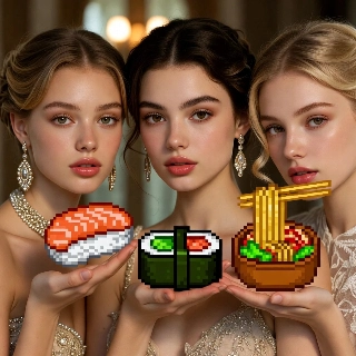 Elegant Soft Girls Holding Pixelated Sushi Ramen