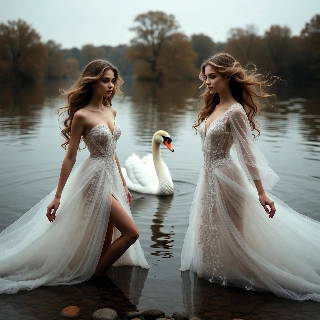 Elegant Woman and White Swan in Aesthetic Lake Reflection