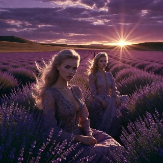 Ethereal Blonde Twins Lavender Field Purple Sunset
