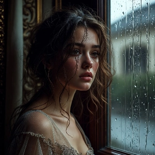 Melancholic Girl Staring at Rainy Window Portrait