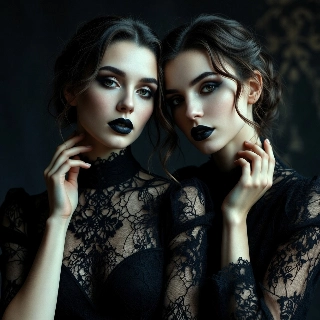Gothic chic black lace mysterious portrait of enigmatic soft girls with dark lips and alluring gazes