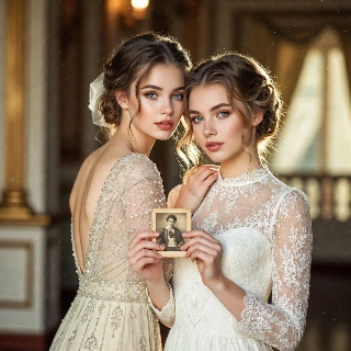 Nostalgic vibe holding old photo of two soft girls in elegant gowns, evoking tender emotion and vintage charm in warm lighting