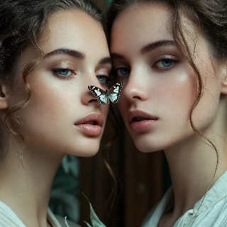 Soft Girl with Butterfly on Nose Mirror Portrait