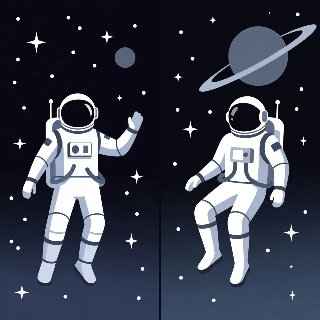 Space astronauts floating in zero gravity, matching PFPs depicting playful best friends with adventurous cosmic vibe
