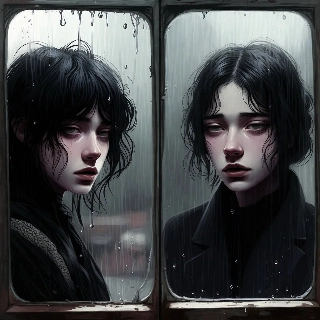 Melancholic Twin Girls Staring at Rainy Window