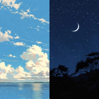 Split Horizon Day Night Scenic Aesthetic Illustration