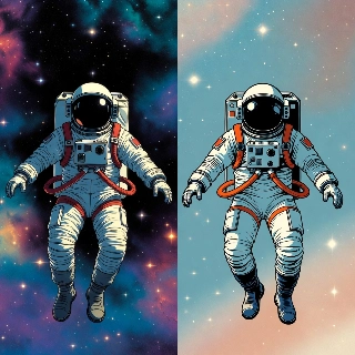 Floating Astronaut Couple in Zero Gravity Comic Style