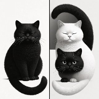 Grumpy Black and Serene White Cat Couple Matching PFP