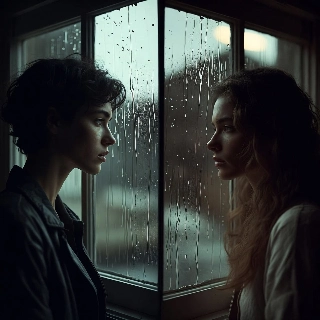 Couple matching PFP of melancholic lovers in profile gazing through rain-streaked window with intimate vibe
