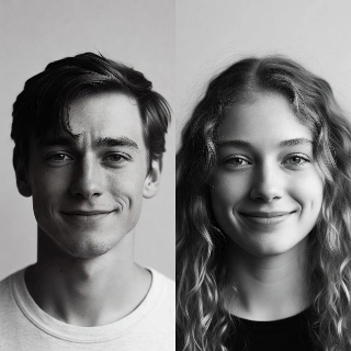 Couple matching PFPs of smirking young man and joyful curly-haired girl in monochrome, playful romantic vibe