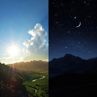 ภาพทิวทัศน์ภูเขาแบ่งครึ่งขอบฟ้ากลางวันกลางคืน (PFP)