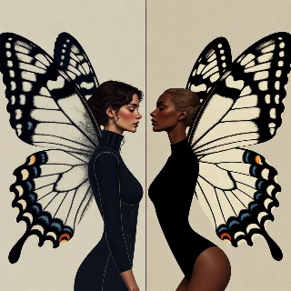 Elegant Butterfly Winged Women Profiles Digital Art