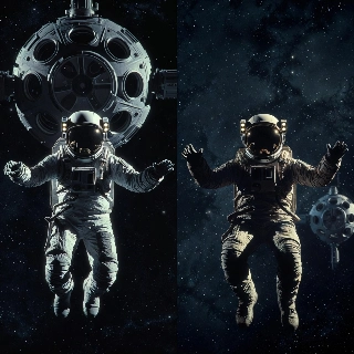 Space astronauts floating in zero gravity, embodying adventurous and weightless exploratory vibe for profile icons