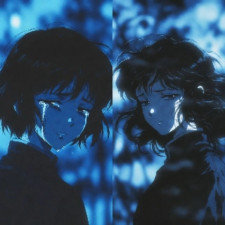 Sad anime still tears blue hues featuring three emotional girls with teary eyes and melancholic expressions in matching profile picture style