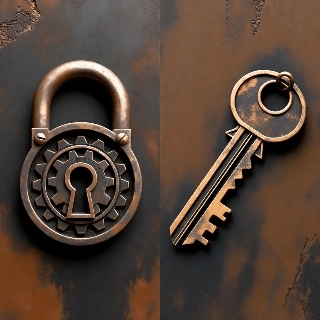 Lock and key vintage metallic texture PFP showing ornate padlock with gears beside antique key, evoking mysterious, steampunk vibe for trio profiles.