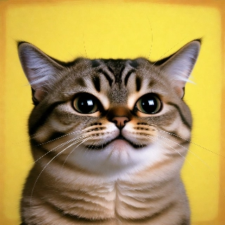Awkward smile relatable meme of wide-eyed tabby cat with shy grin and striped fur on vibrant yellow background