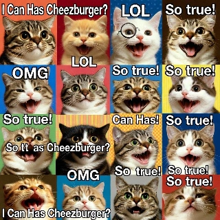 Pixel Art Low-Res Cat Meme Humor Collage