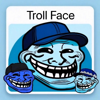 Modrý trollský mem s trápnymi úsmevmi