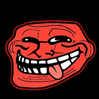 Troll face classic internet humor with mischievous squinted eyes, wide grin, and sticking tongue on black background