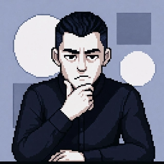 Deep thinking serious man with hand on chin in minimalist pixel art style, conveying introspective vibe