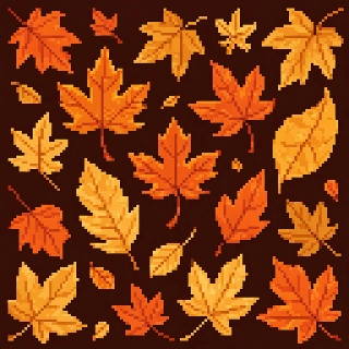 Autumn Leaves Orange Gold Pixel Line Art