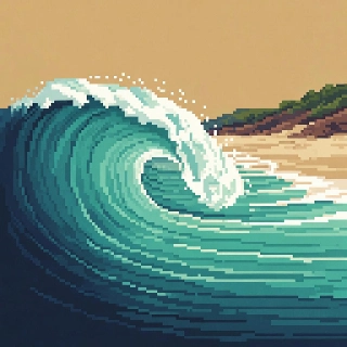 Minimalist Pixel Art Ocean Wave Line Art