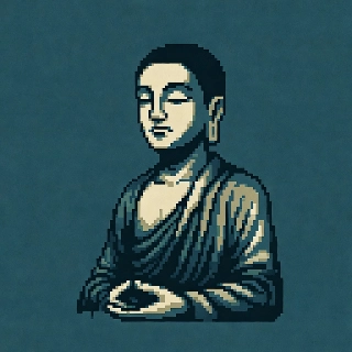 Peaceful meditation closed eyes Buddha in minimalist pixel line art, serene vibe of tranquility and inner calm