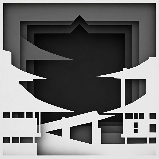 Paper cut art layered depth in monochrome, evoking mysterious and enigmatic vibe for minimalist profile picture