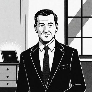 Modern executive in sharp suit office setting with confident professional vibe in minimalist monochrome style