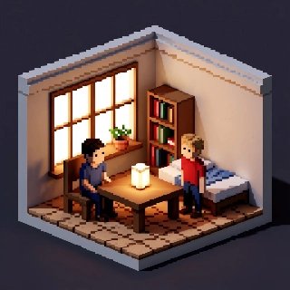 Cozy Isometric Pixel Room with 8-Bit Characters