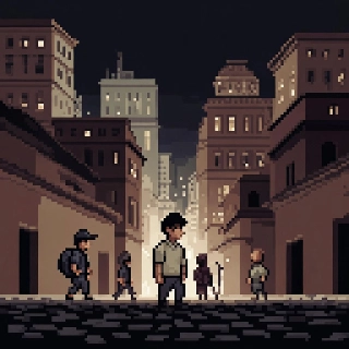 Mysterious JRPG Hero in Cinematic Pixel City