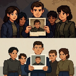 Nostalgic 8-Bit Character Holding Old Family Photo