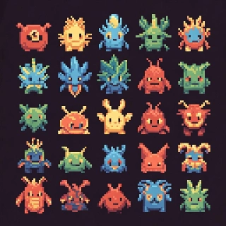 Retro 8-Bit Pixel Pocket Monster Creatures Grid