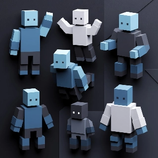 Retro Low Poly 3D Blue Block Characters Poses