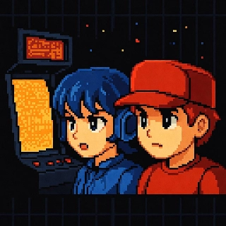 Retro Pixel Duo at Glowing Arcade Machine