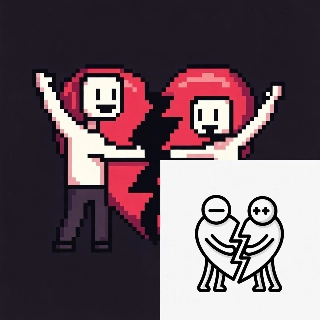 Pixel heart split 8-bit characters with cheerful smiles pulling broken red heart, retro love vibe