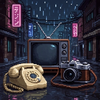 Cyberpunk rainy street pixel art with retro TV, phone, and camera reflections, evoking nostalgic mysterious urban vibe