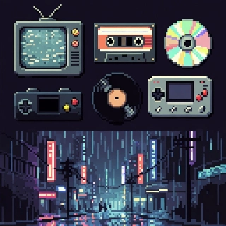 Cyberpunk Rainy Street Pixel Retro Reflection Art