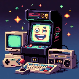 Arcade machine glow with excited yellow pixel face beaming in 80s neon style amid retro gaming gear