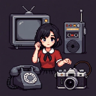 Old School Anime Pixel Retro Waifu with Vintage Gadgets