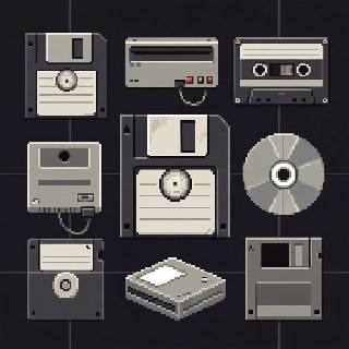 Retro computer icons95 aesthetic pixel art featuring floppy disks, cassette tapes, and CDs in nostalgic gray tones with cool vintage vibe