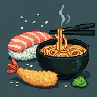 Cute Pixelated Sushi and Ramen Vaporwave Art