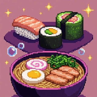 Cute Pixelated Sushi and Ramen Vaporwave Art