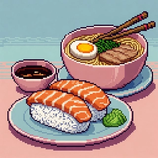 Cute Pixelated Sushi and Ramen Vaporwave Art