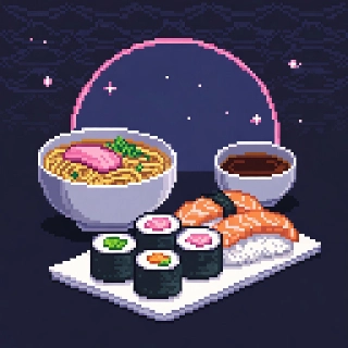 Cute Pixelated Sushi Ramen Vaporwave Art
