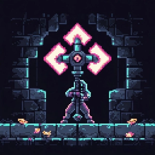 Glowing Staff Warrior in Dark Vaporwave Pixel Dungeon